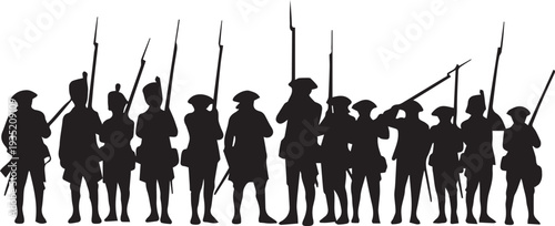 Group of colonial soldiers holding muskets standing in formation vector illustration silhouette