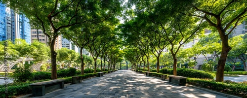 Public park urban green corridor connecting city buildings with dense tree canopy