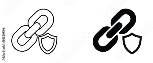 A graphic representation of link security with chain and shield icons in different colors on a white background. Chain link with shield icons for security and protection concepts. 
