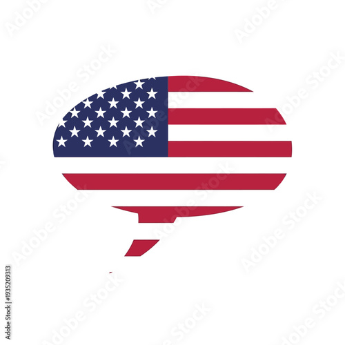 Speech bubble icon featuring the distinctive design of the American flag, symbolizing national language, dialogue, and country-specific communication in a clear, modern graphic