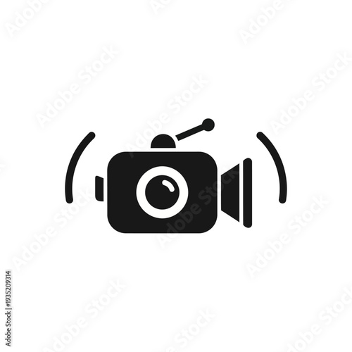 Sleek minimalist video camera icon transmitting wireless signal waves, ideal for live broadcasting, multimedia streaming, and digital content recording projects