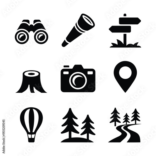 Outdoor adventure icons: binoculars, telescope, camera, and map pin