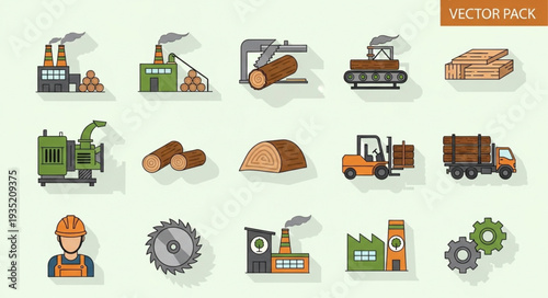 Wood Industry Icons Set Lumber Mill Equipment and Tools.