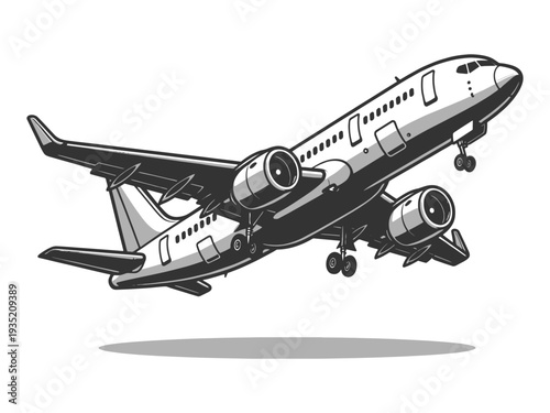 commercial passenger airplane taking off among clouds, symbolizing travel, aviation and global transportation sketch engraving generative ai vector illustration. Scratch board. Black and white image.