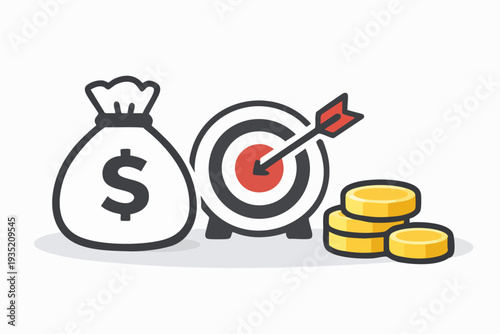 Money Goal Target Icon — Savings Strategy And Financial Success Vector Illustration With Coins And Cash Bag