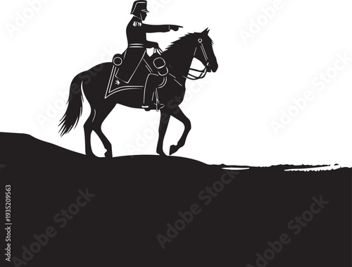Historical cavalry officer on horseback silhouette vector illustration line art background scene