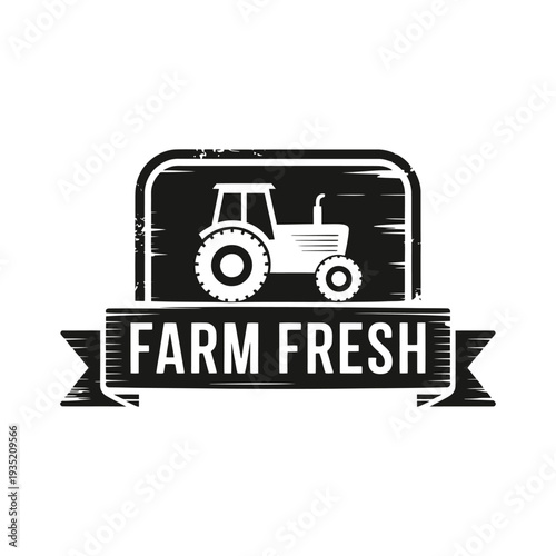 Vintage farm fresh label featuring a tractor illustration in a rectangular frame