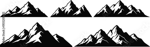 Mountain silhouette collection with snowy peaks and alpine landscape elements nature adventure travel concept isolated on white background vector illustration set