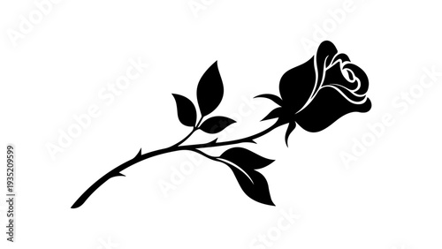 A striking black silhouette of a single rose stem with blooming flower and leaves