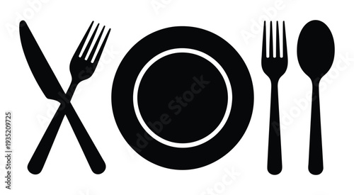Spoon and fork icon set. Restaurant symbol. knife, plate, spoon, cutlery Vector illustration.