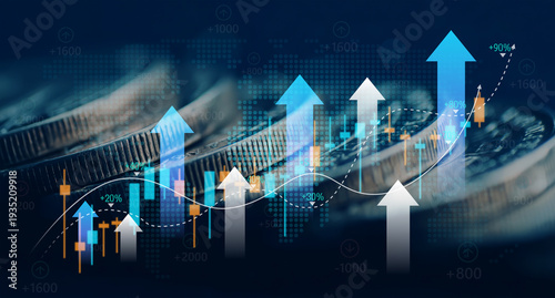 Business Finance and Investment: Coin Stack, Financial Graph and Market Chart. Concept for Capital Gain, World Money Market and Economic Growth.