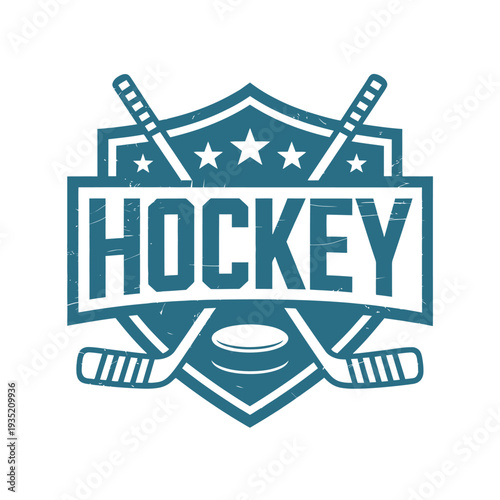 A vintage style hockey emblem featuring crossed sticks and a puck