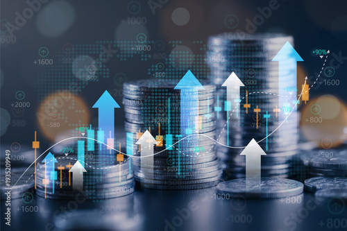 Capital Gain and World Money Concept: Financial Graph, Market Chart and Coin Stack for Business Finance Investment and Economic Growth.