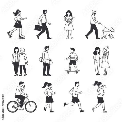 People engaging in various activities like walking, running, and cycling in a lively urban environment from a frontal viewpoint