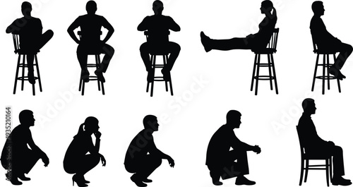 People silhouette collection sitting and squatting on chair in different casual poses human body posture set isolated on white background vector illustration
