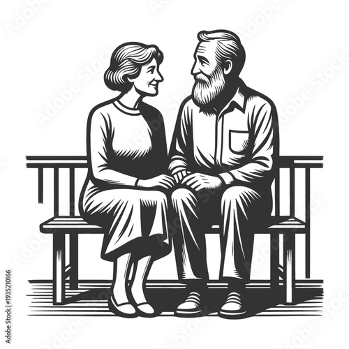 happy senior couple sitting close on wooden bench, expressing love, companionship and lifelong partnership sketch engraving generative ai vector illustration. Scratch board imitation. Black and white