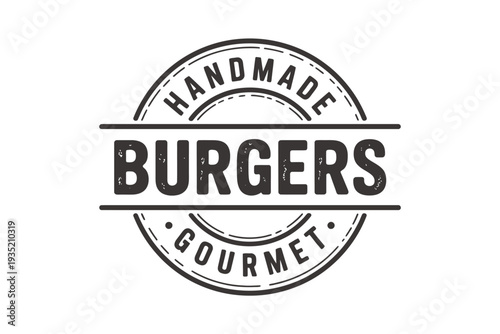 A black and white circular logo showcasing handmade gourmet burgers and branding