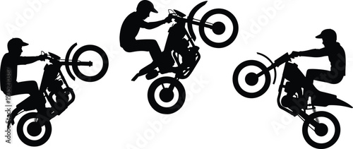 Silhouettes of motorcyclists performing stunts on dirt bikes on white background motorcycle stunts motocross