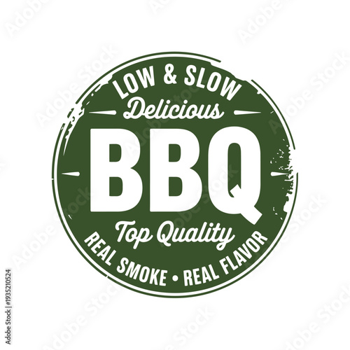 Circular badge design promoting low slow barbecue with a delicious message