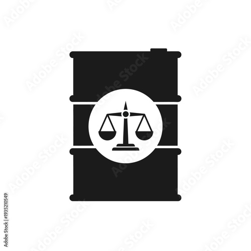 Vector graphic of an oil barrel with scales, symbolizing legal and regulatory balance in the global oil and energy trade, promoting justice and fair market practices