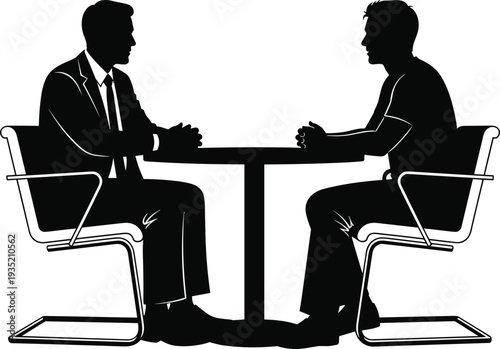 Silhouette of two businessmen sitting at table discussing business strategy during professional meeting negotiation or job interview concept isolated on white background