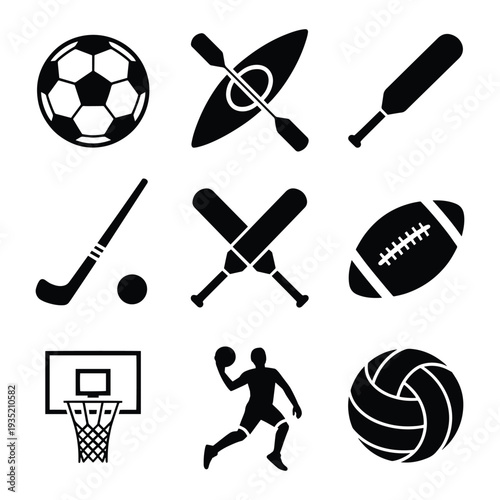 Sports icons: soccer, kayak, baseball bat, hockey stick, basketball player, volleyball, football.