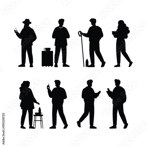 Silhouettes of people walking and interacting with objects in various poses and actions