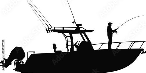 Silhouette of a fishing boat with a person fishing on white background fisherman