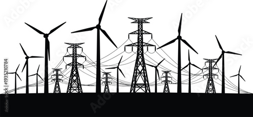 Silhouette Of Wind Turbines And Power Lines Against White Sky electricity energy