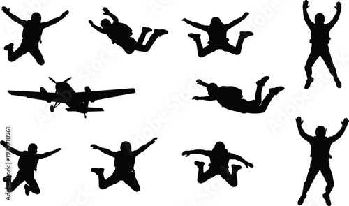 Skydiver silhouettes jumping from airplane in various freefall positions extreme sport parachuting adventure activity concept isolated on white background vector illustration set