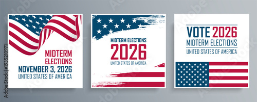 2026 United States Midterm Elections Set with American Flag for political campaign graphic designs. Vector Illustration.	