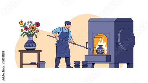 Skilled potter uses a long tool to carefully place a decorated ceramic vase into a hot kiln for the final firing process.