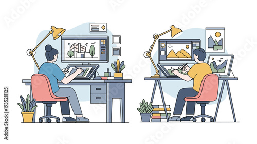 Male and female graphic designers work diligently at their creative workstations using digital tablets and large monitors.