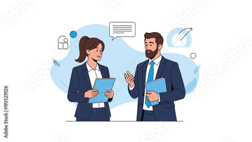 Two business professionals in formal suits stand together and discuss important documents while holding blue office folders.