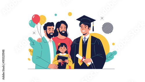 Happy family gathers together to celebrate a young man's graduation as he wears his cap and gown while holding a diploma.