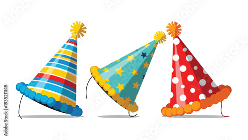 Three festive and colorful party hats with fun patterns of stripes stars and dots are ready for a birthday celebration.
