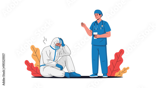 Exhausted healthcare professional in a protective hazmat suit rests on the floor while a colleague offers a drink and support.
