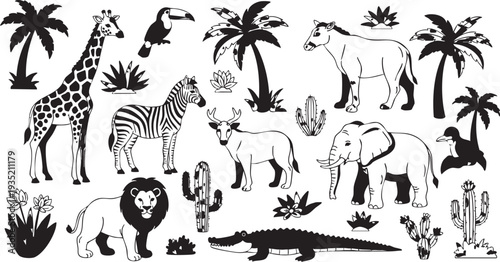 Black and white of various animals and plants giraffe zebra