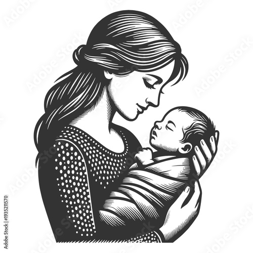 loving mother gently holding and kissing her sleeping newborn baby, intimate motherhood portrait sketch engraving generative ai vector illustration. Scratch board imitation. Black and white image.