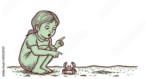 Vintage Mint Green Etching of a Curious Girl Discovering a Crab on the Beach