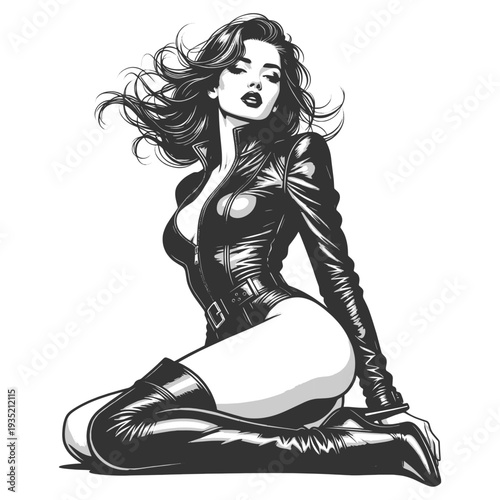 confident woman wearing a tight leather jacket and thigh high boots, posing in a bold fashion style sketch engraving generative ai vector illustration. Scratch board. Black and white image.