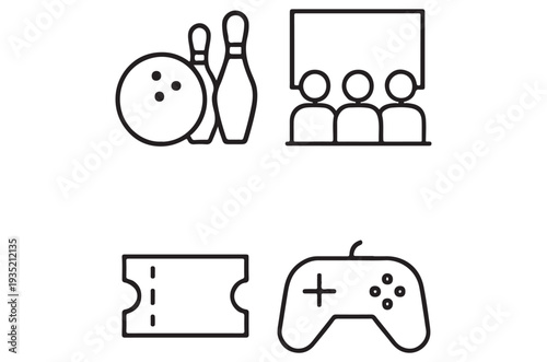 Line art icons depicting bowling spectators tickets and a gamepad