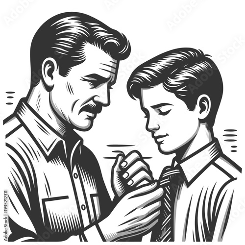 father guiding his teenage son while teaching him how to tie a necktie sketch engraving generative ai fictional character vector illustration. Scratch board imitation. Black and white image.