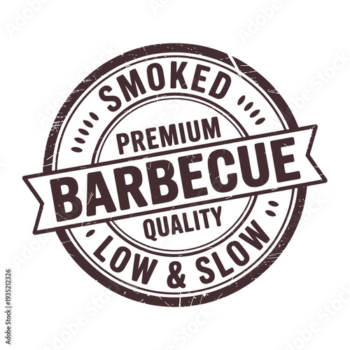 A vintage style circular stamp proclaims smoked premium barbecue quality with detail