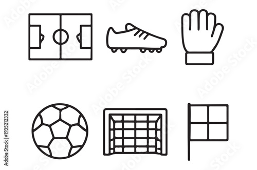 Simple black and white line icons representing soccer equipment and field