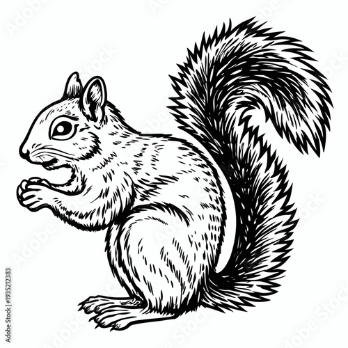 Squirrel black and white isolated vector illustration in vintage engraving style. Detailed hand drawn rodent line art with bold contour lines on white background.