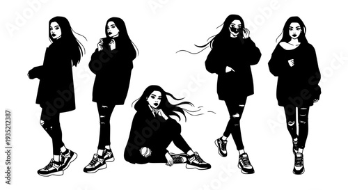 Trendy Redhead Female Model in Denim Outfit – Urban Fashion Pose Vector Bundle