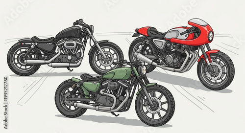 Three custom motorcycles displayed together in a studio setting.