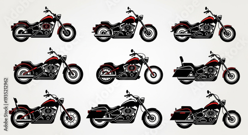 Collection of nine different cruiser motorcycles displayed in a grid.