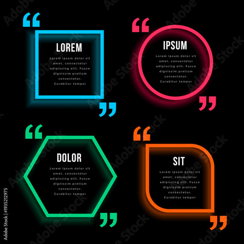 Neon styled graphic design featuring four polygonal frames with placeholder text and quotation marks